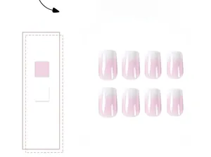 Detail of pink and white gradient press-on nails with glossy square-round finish