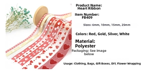 Detailed size guide for heart pattern ribbons available in 6mm to 25mm widths