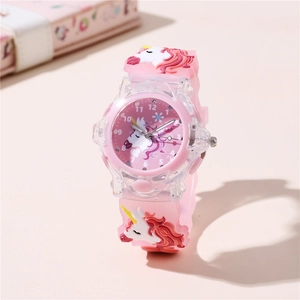 Pink unicorn quartz kids watch with 3D cartoon silicone strap and clear numeric dial