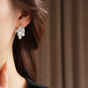 Primo piano di orecchini a lobo a fiore in argento con zirconi indossati da una modella