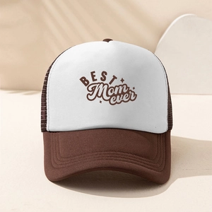 Brown and white mesh trucker hat with BEST MOM EVER print for outdoor sun protection