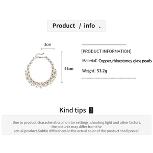 Baroque pearl necklace details with specifications: 45cm length, 53.2g copper and rhinestone
