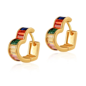 18K gold plated heart hoop earrings with multicolored zircon stones and mirror reflection