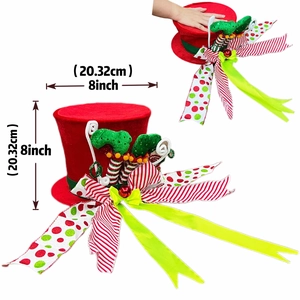 Detail showing red Christmas elf hat with striped bow and green legs, 8-inch size specs