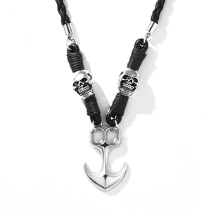Retro anchor pendant necklace with silver skull beads on black braided leather cord