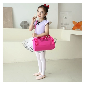 Pink ballet dance bag for girls with lace ruffles and cute ballet shoes pattern detail