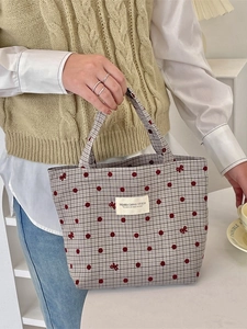 Sac à lunch japonais en toile avec pois rouges et broderie de nœud pour femmes