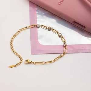 Gold paperclip link bracelet with clear zircon stones and stainless steel adjustable clasp