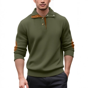 Men's army green long sleeve knitted sweatshirt with stand collar and elbow patch detail
