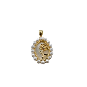 18K gold plated oval pendant with white pearl border and rose flower mother of pearl