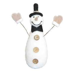 Handmade wool felt snowman ornament with black top hat and bowtie for Christmas decor