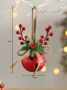 Detailed view of red Christmas bell with berries and size dimensions 16cm by 6.5cm