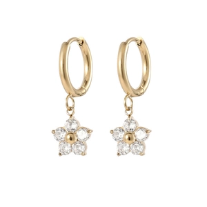 Elegant gold flower drop earrings with sparkling clear cubic zirconia on white background