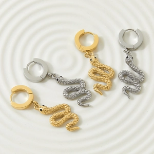 Snake Hoop Drop Earrings Stainless Steel Gold Plated Textured Scales Black Eyes Gothic Punk Jewelry For Women