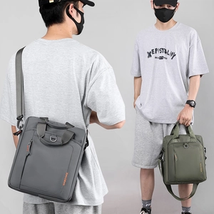 Men's versatile business briefcase in grey and army green nylon with adjustable straps