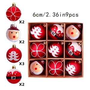 Detail of 9pcs 6cm red Christmas ornaments featuring Santa and tree patterns in a box