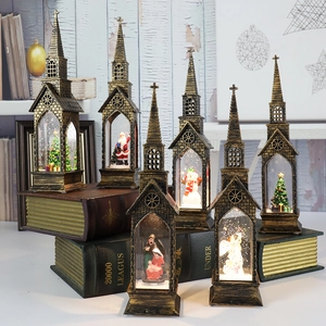 Vintage Church Christmas Lantern LED Night Light Retro Bronze Plastic Snow Globe Glitter Santa Snowman Tabletop Decor
