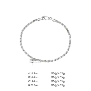 Detail of 2.3mm S925 sterling silver rope chain with length and weight specifications