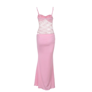 Detail of pink lace stitching and knitted fabric texture on the back of this long dress