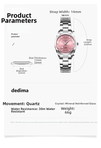 Detail showing 30m water resistance and 32mm dial dimensions of this ladies quartz watch