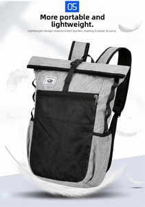 Lightweight business backpack with foldable roll-top closure and grey mesh pocket detail