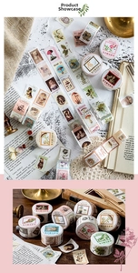 Makroaufnahme von Vintage Briefmarken Washi-Tape Set mit botanischen Motiven für Journaling