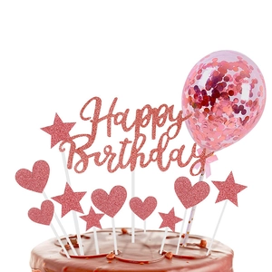 Pink glitter Happy Birthday cake topper set with star, heart shapes and a mini balloon