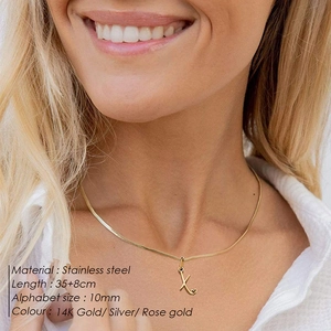 Close-up of 10mm script initial pendant on a 35+8cm stainless steel necklace