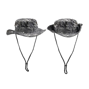 Detail showing digital camouflage boonie hats with adjustable chin straps for outdoor sun protection