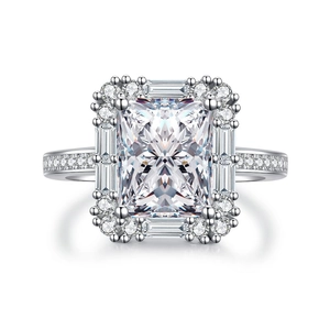 Luxurious sterling silver radiant cut ice flower ring with a stunning diamond halo design