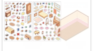 DIY scene stickers set featuring furniture PET stickers and cardboard room backgrounds