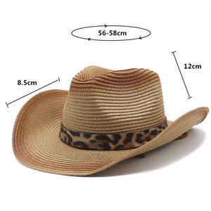 Detailed size chart showing 56-58cm head circumference for the leopard band cowboy hat