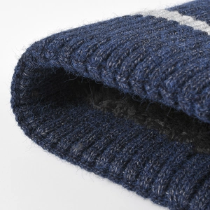Winter beanie with thick knit texture, grey stripes, and warm fleece lining