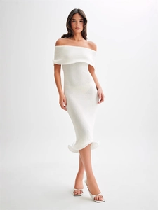 Women Off The Shoulder Knit Midi Dress Sexy Slim Fit Ruffle Hem Solid Color Elegant Bodycon Core Spun Yarn Knitted Dress