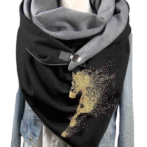 Warm dual-tone winter scarf with snap buttons and golden horse glitter pattern