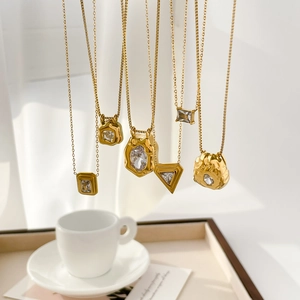 Geometric Pendant Necklace Gold Plated Titanium Steel Clear Zircon Square Triangle Shape Fashion Jewelry For Women