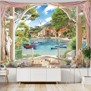 Mediterranean landscape wall tapestry with seaside arch and village for home decor