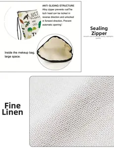 Detailed views of linen makeup bag with turtle print, smooth zipper and spacious interior