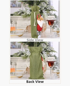 Detailed side and back views of a green burlap Christmas wine bottle cover with Santa