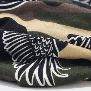 Macro shot of knitted leopard print fabric with white feather wing pattern texture