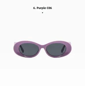 Detailed front view of retro oval purple injection-molded sunglasses with dark lenses C06