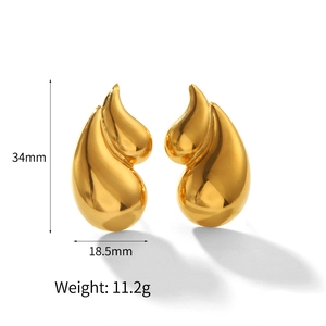 Polished 18k gold plated titanium steel waterdrop earrings with size and weight metrics