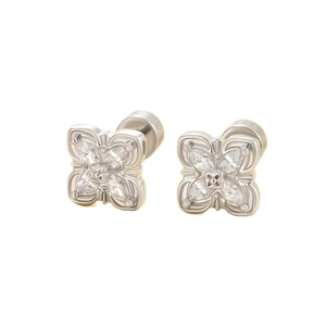 Silver flower stud earrings with sparkling zircon crystals and screw back fasteners