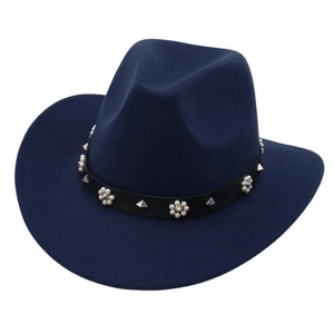 Chapeau fedora bleu marine en laine à bord large avec perles et rivets argentés