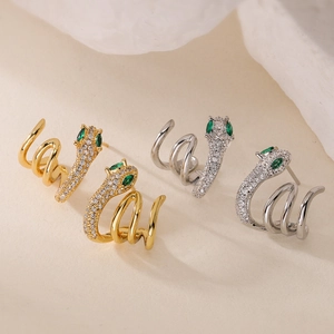Copper Snake Stud Earrings 18K Gold Silver Plated Zirconia Animal Shape Punk Hip Hop Fashion Jewelry For Women Gift
