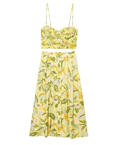 Detail of linen blend floral camisole set with yellow and green botanical patterns