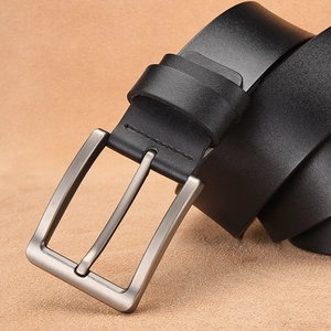 Classic men's black genuine leather belt with matte silver alloy pin buckle detail