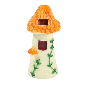 Miniature resin mushroom house ornament with orange cap and green vine for succulents