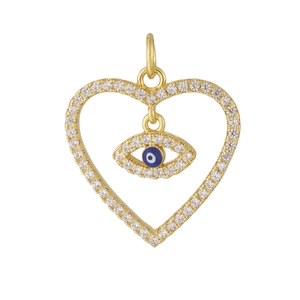 Detailed view of 18K gold plated heart pendant with blue evil eye and micro-set zircons