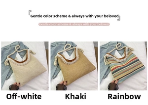 Detailed comparison of woven tote bags with lace trim in off-white, khaki, and rainbow colors